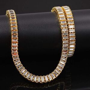 14K Gold Baguette Tennis Chain Necklace Iced Out HipHop Simulated Lab Diamond